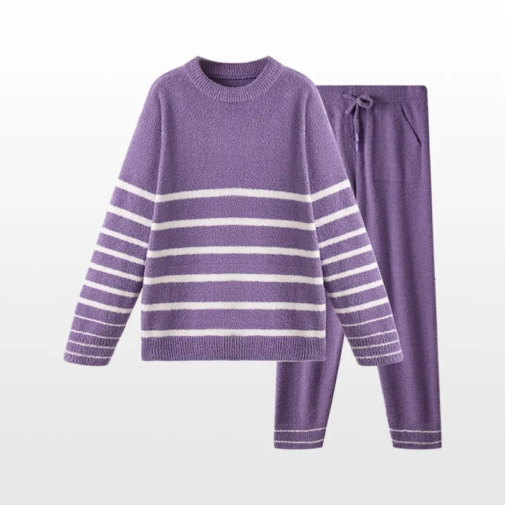 冬季 レディース パジャマ セット 保温 ストライプ ゆったり 快適 パジャマ ID3651 パープル / M