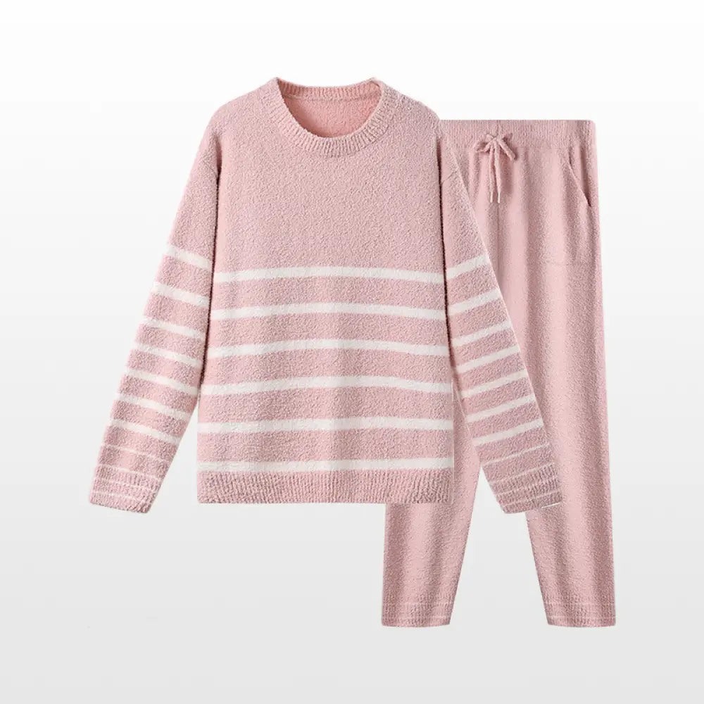 冬季 レディース パジャマ セット 保温 ストライプ ゆったり 快適 パジャマ ID3651 ライトピンク / M