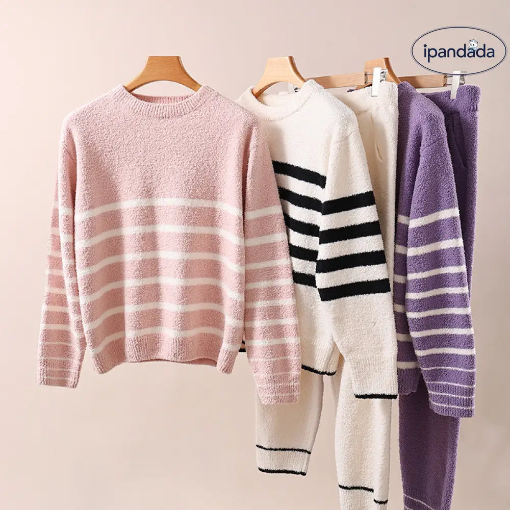 冬季 レディース パジャマ セット 保温 ストライプ ゆったり 快適 パジャマ ID3651