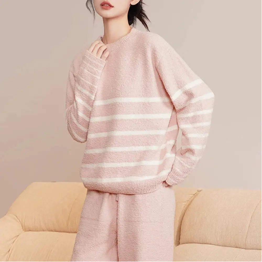 冬季 レディース パジャマ セット 保温 ストライプ ゆったり 快適 パジャマ ID3651