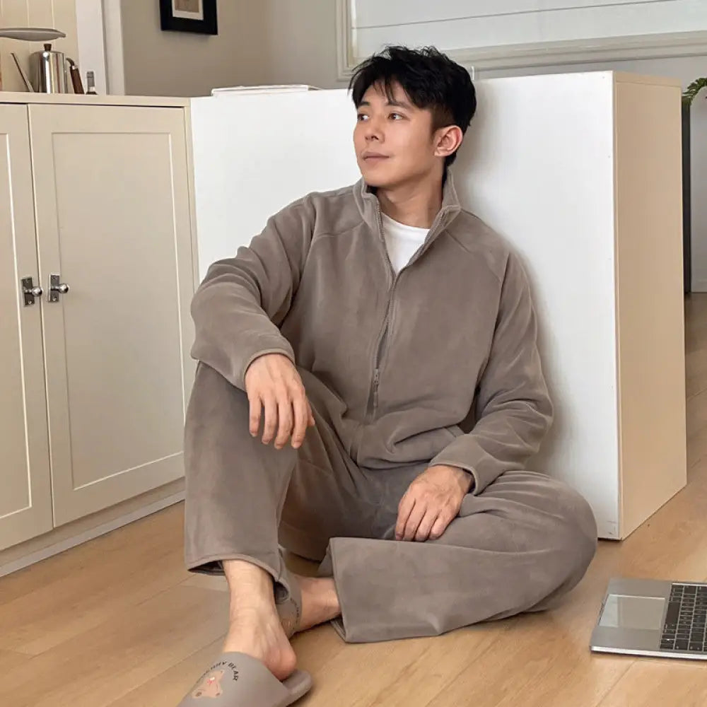 冬季 新作 男性 パジャマセット 厚手 ポーラーフリース 無地 リラックス ファスナー 保温 ホームウェア 彼氏 クリスマスプレゼント ID3094 グレー / L メンズ＞セットアップ