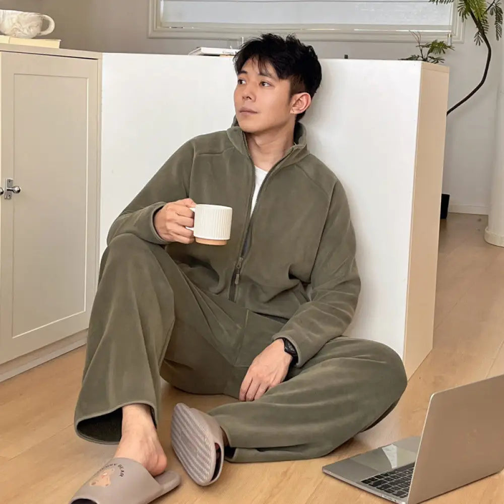 冬季 新作 男性 パジャマセット 厚手 ポーラーフリース 無地 リラックス ファスナー 保温 ホームウェア 彼氏 クリスマスプレゼント ID3094 グリーン / L メンズ＞セットアップ