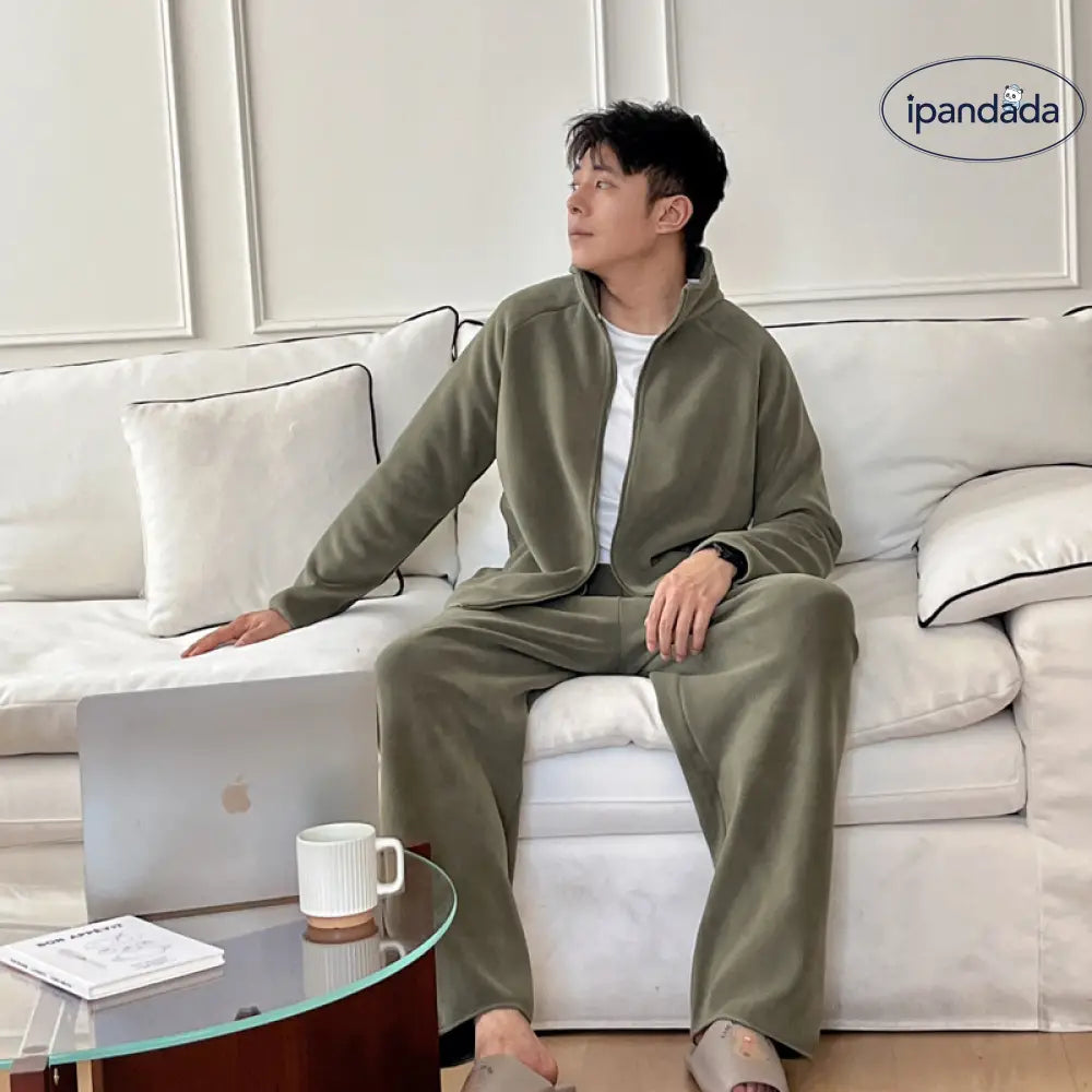 冬季 新作 男性 パジャマセット 厚手 ポーラーフリース 無地 リラックス ファスナー 保温 ホームウェア 彼氏 クリスマスプレゼント ID3094 メンズ＞セットアップ