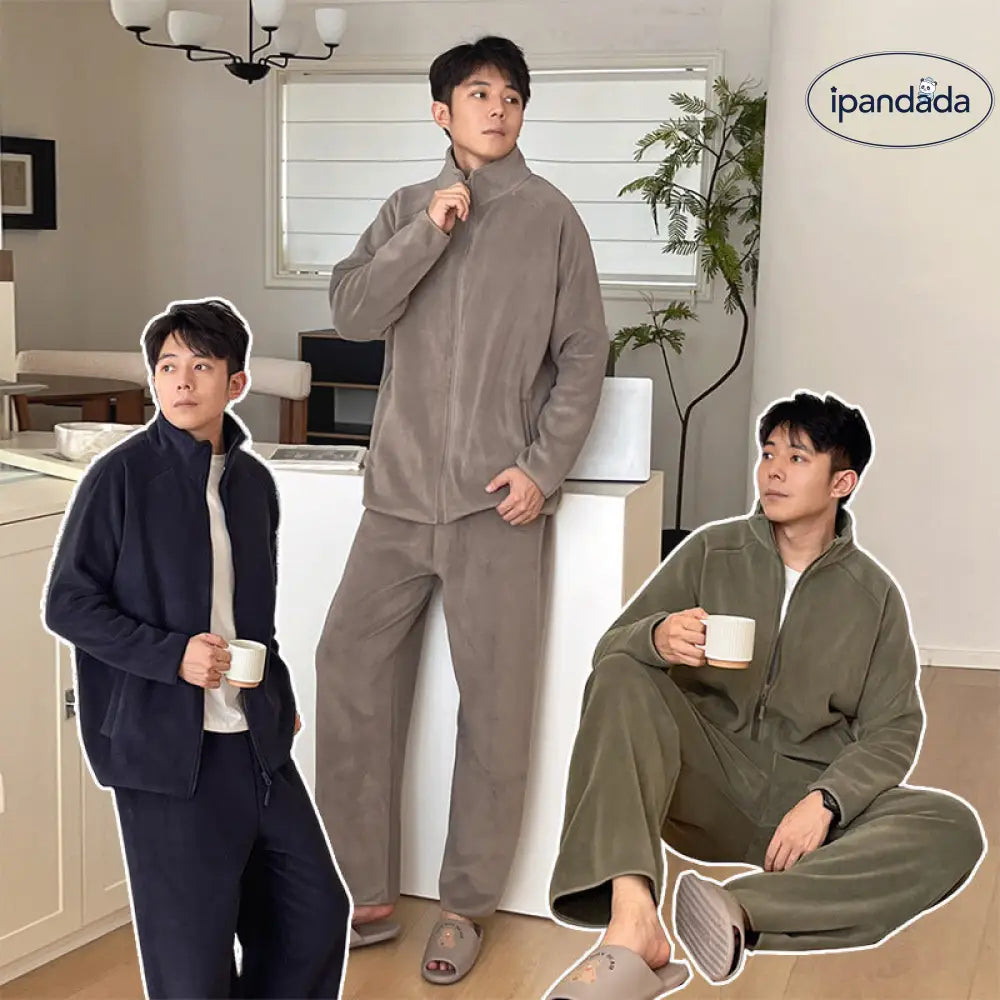 冬季 新作 男性 パジャマセット 厚手 ポーラーフリース 無地 リラックス ファスナー 保温 ホームウェア 彼氏 クリスマスプレゼント ID3094 メンズ＞セットアップ