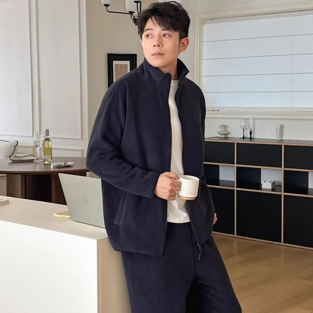 冬季 新作 男性 パジャマセット 厚手 ポーラーフリース 無地 リラックス ファスナー 保温 ホームウェア 彼氏 クリスマスプレゼント ID3094 ネイビー / L メンズ＞セットアップ