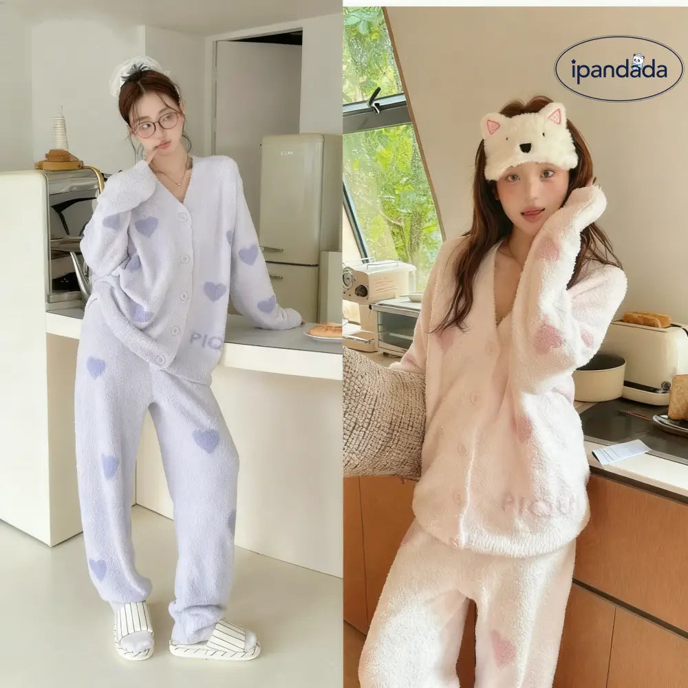 秋冬 新作 フリース 可愛い ハート 保温 カーディガン ルームウェア パジャマ セット ID2954