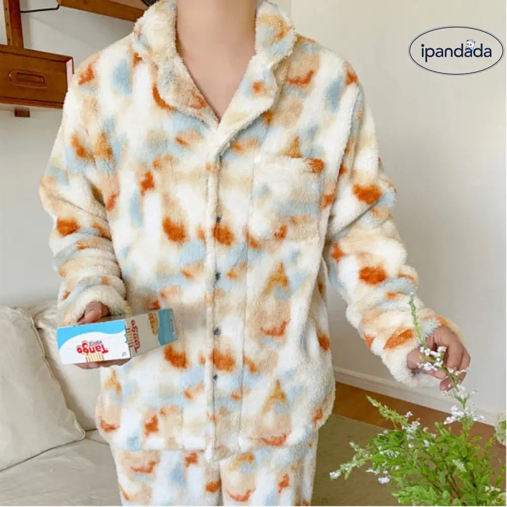 冬 プリント コーラルフリース カップル パジャマ セット 男女 長袖 加厚 加フリース ルームウェア ID2925