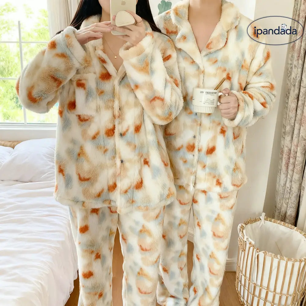 冬 プリント コーラルフリース カップル パジャマ セット 男女 長袖 加厚 加フリース ルームウェア ID2925