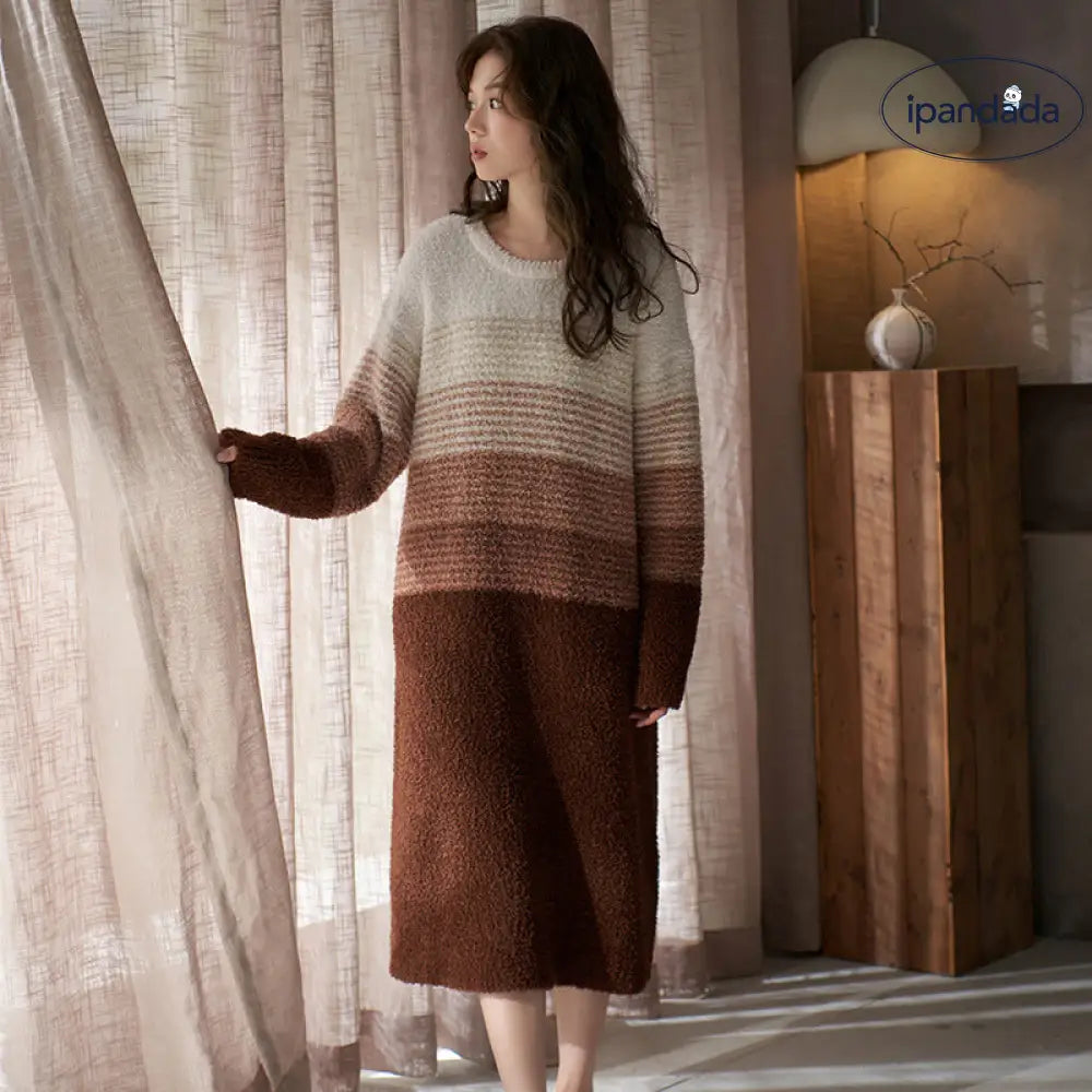 冬 レディース パジャマ フリース ふわふわ 長袖 ワンピース ゆったり 韓国風 カジュアル ラウンドネック レディース ルームウェア ID3645