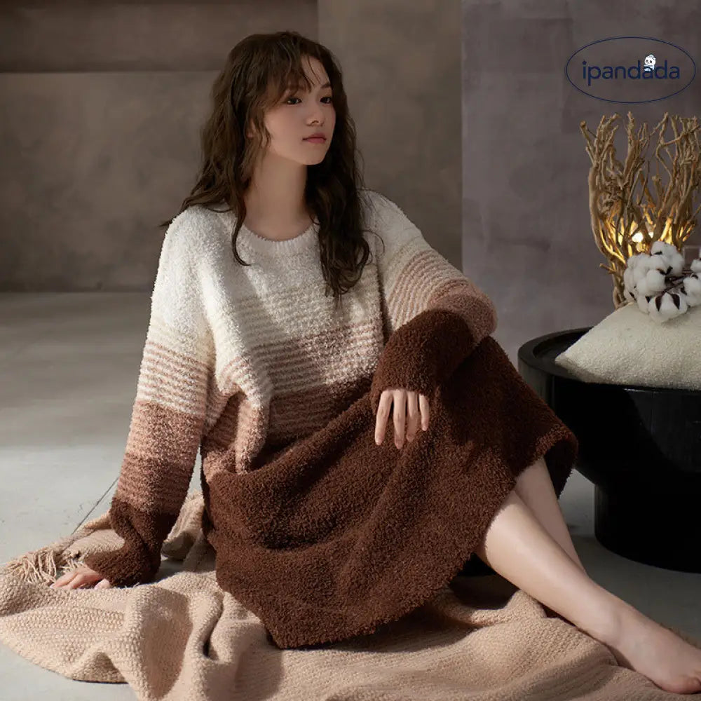 冬 レディース パジャマ フリース ふわふわ 長袖 ワンピース ゆったり 韓国風 カジュアル ラウンドネック レディース ルームウェア ID3645