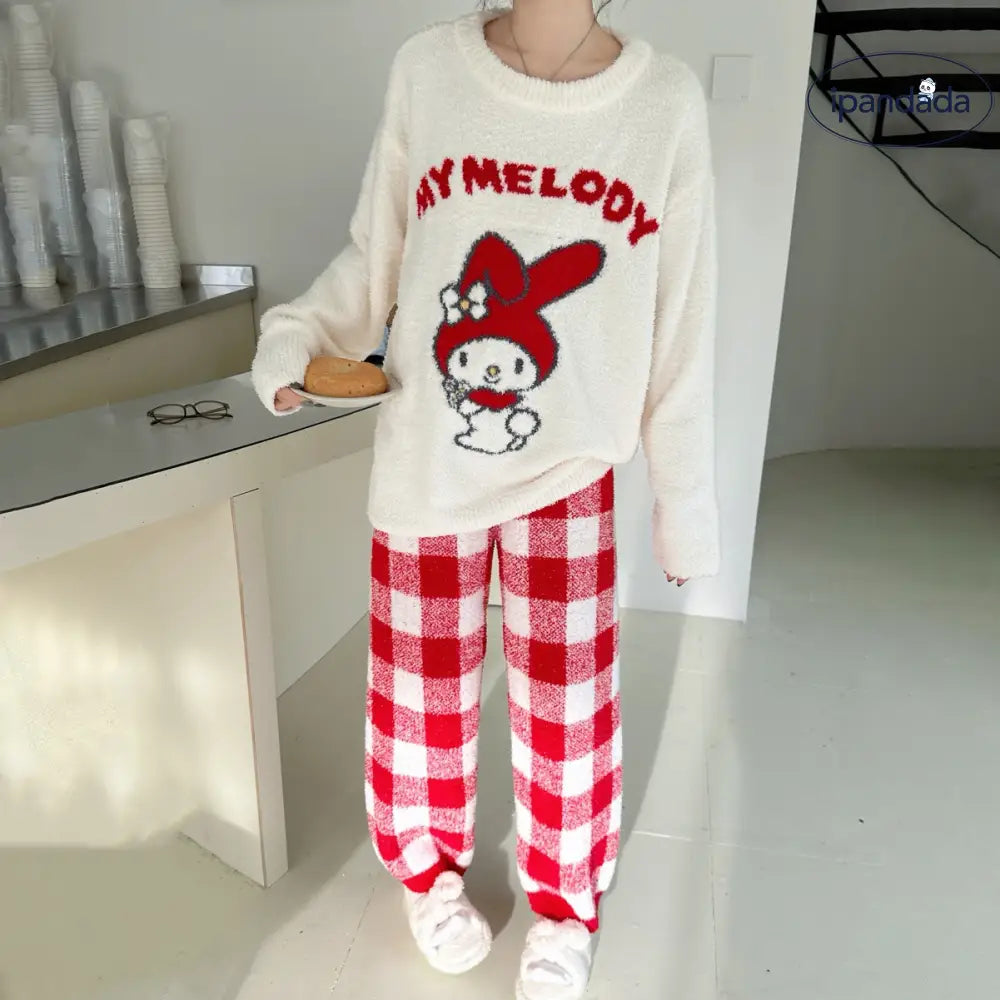 冬 レディース パジャマ 可愛い カートゥーン メロディ フリース 加厚 ルームウェア セット 保温 ID2912