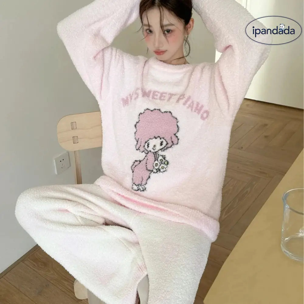 冬 レディース パジャマ 可愛い カートゥーン メロディ フリース 加厚 ルームウェア セット 保温 ID2912