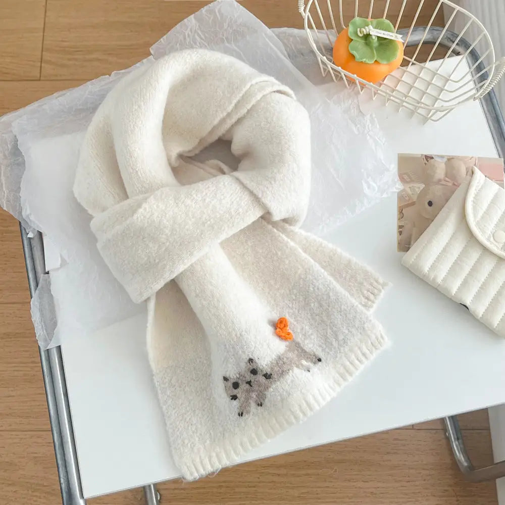 冬 ショール ネックウォーマー 保温 あたたかい ふわふわ ニット かわいい 猫 デザイン スカーフ レディース ID3054 アイボリー / 165*22cm