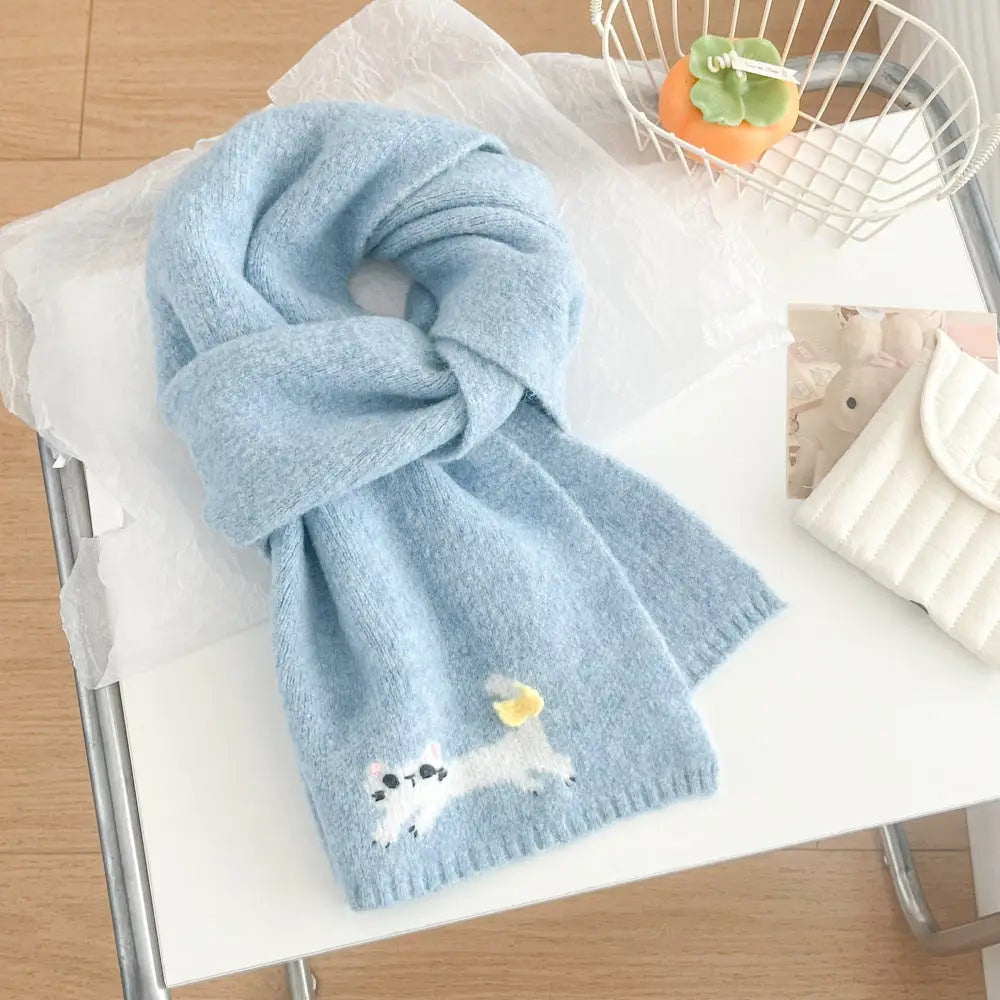 冬 ショール ネックウォーマー 保温 あたたかい ふわふわ ニット かわいい 猫 デザイン スカーフ レディース ID3054 ブルー / 165*22cm
