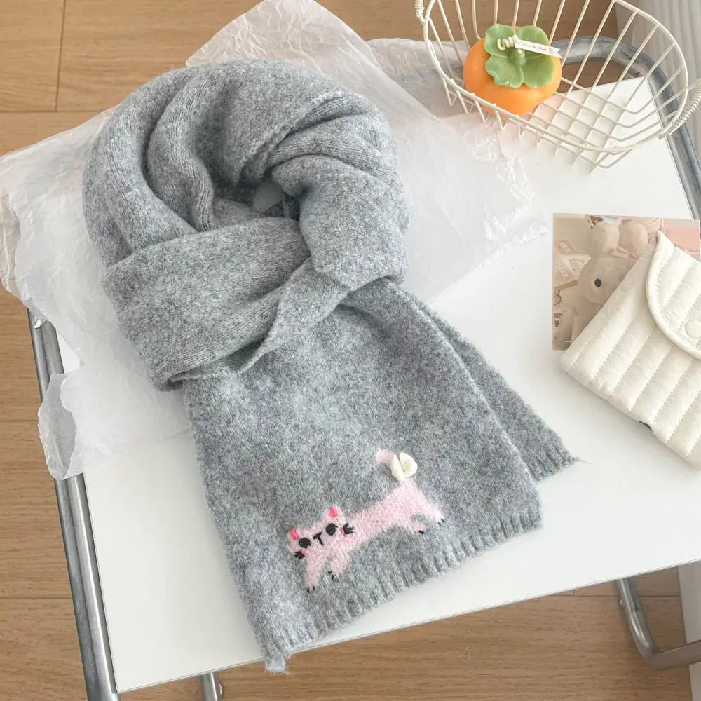 冬 ショール ネックウォーマー 保温 あたたかい ふわふわ ニット かわいい 猫 デザイン スカーフ レディース ID3054 グレー / 165*22cm