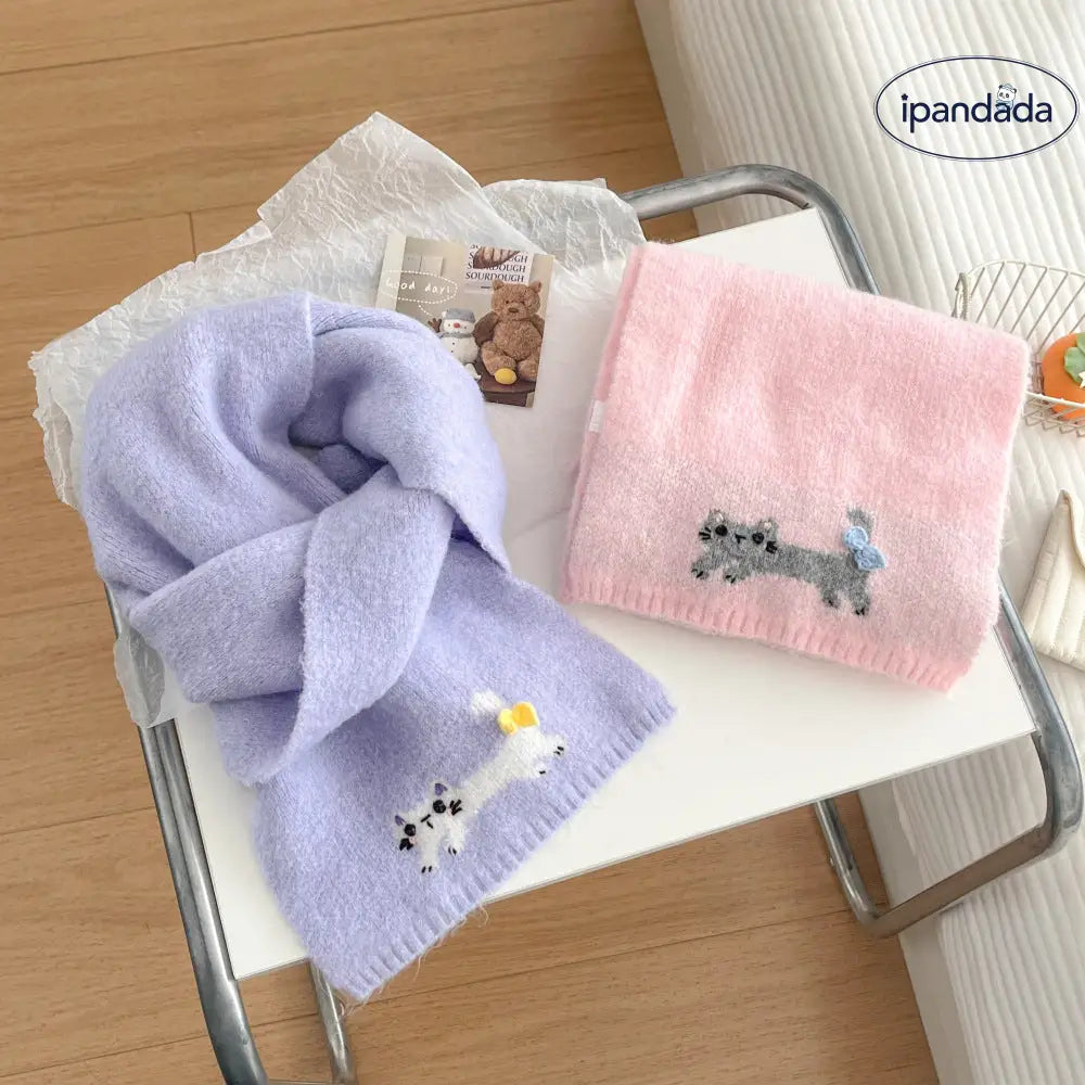 冬 ショール ネックウォーマー 保温 あたたかい ふわふわ ニット かわいい 猫 デザイン スカーフ レディース ID3054