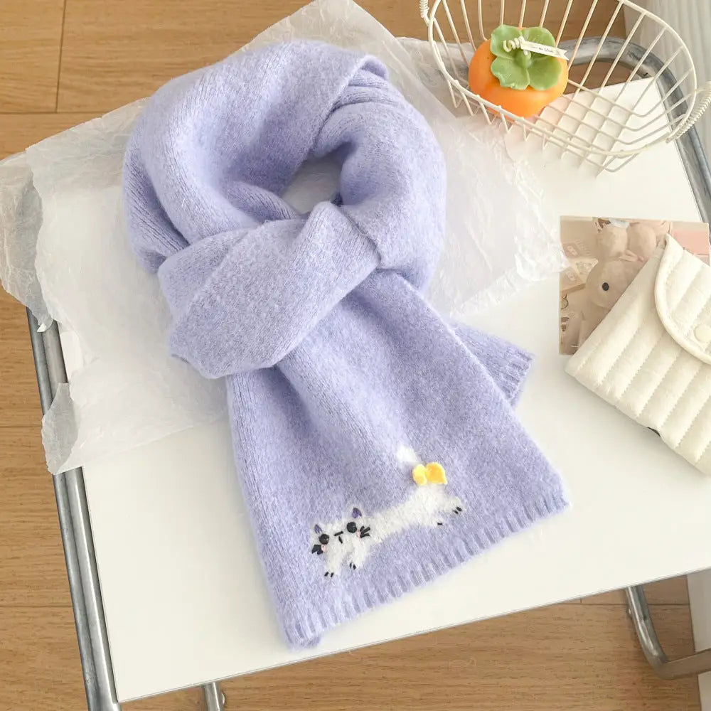 冬 ショール ネックウォーマー 保温 あたたかい ふわふわ ニット かわいい 猫 デザイン スカーフ レディース ID3054 パープル / 165*22cm