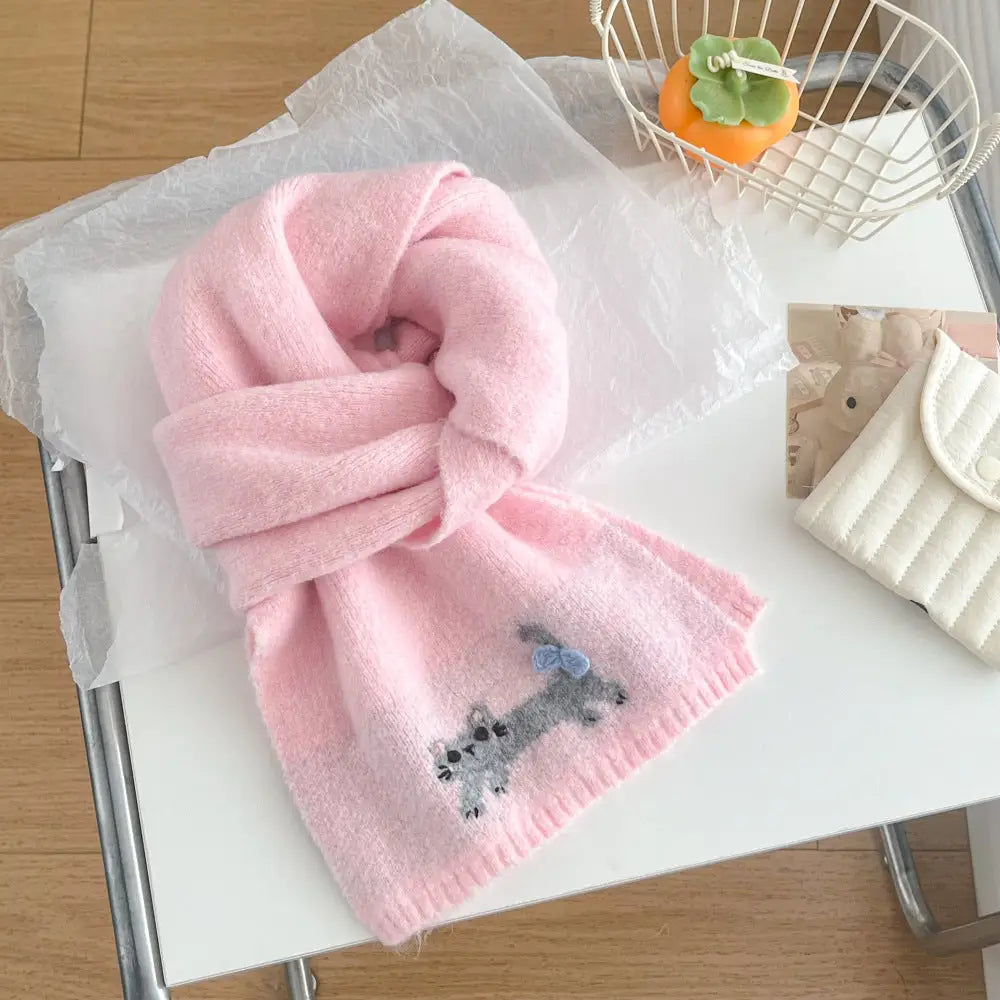 冬 ショール ネックウォーマー 保温 あたたかい ふわふわ ニット かわいい 猫 デザイン スカーフ レディース ID3054 ピンク / 165*22cm