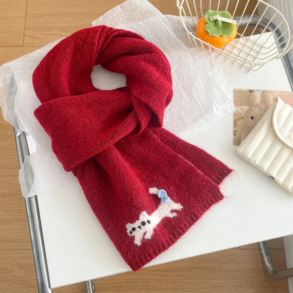 冬 ショール ネックウォーマー 保温 あたたかい ふわふわ ニット かわいい 猫 デザイン スカーフ レディース ID3054 レッド / 165*22cm