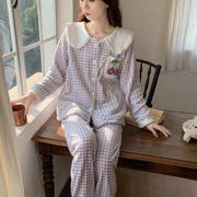 冬新作 フランネル チェック柄 プリント ポケット 快適 柔らか ルームウェア パジャマ ID3629 パープル / M