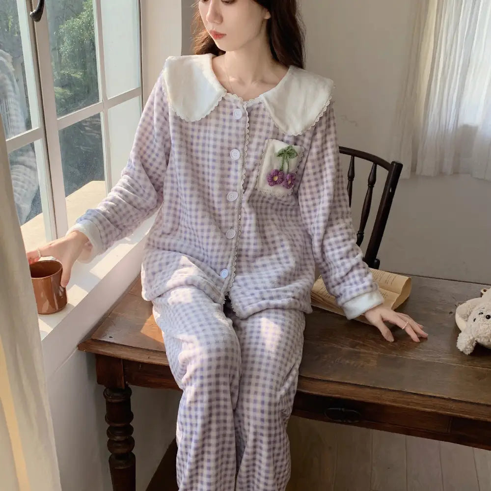 冬新作 フランネル チェック柄 プリント ポケット 快適 柔らか ルームウェア パジャマ ID3629 パープル / M