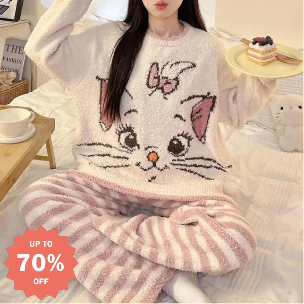 冬 新作 厚手 保温 パジャマ レディース カートゥーン マーリーキャット スウィート 長袖 ルームウェア セットアップ ID3706