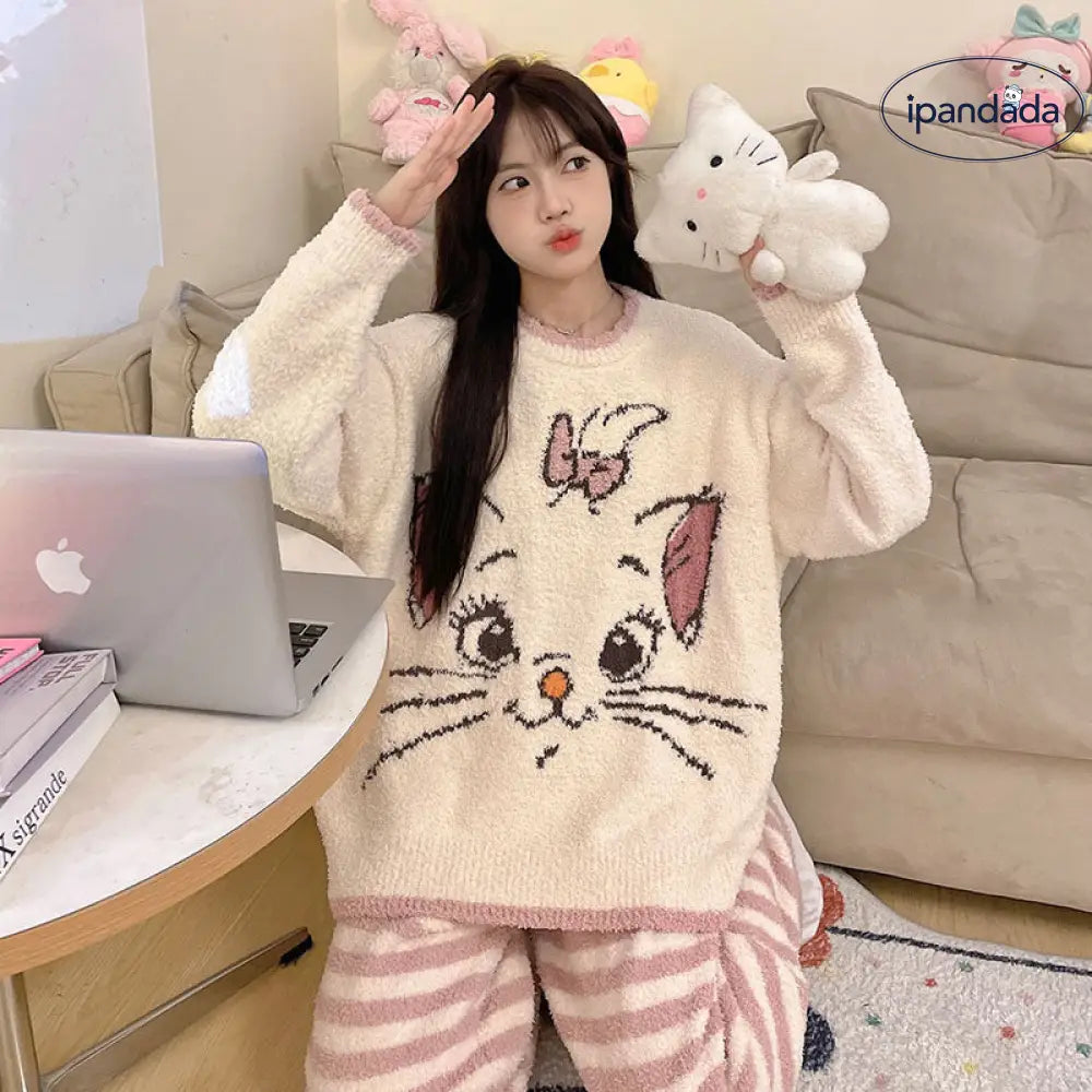冬 新作 厚手 保温 パジャマ レディース カートゥーン マーリーキャット スウィート 長袖 ルームウェア セットアップ ID3706