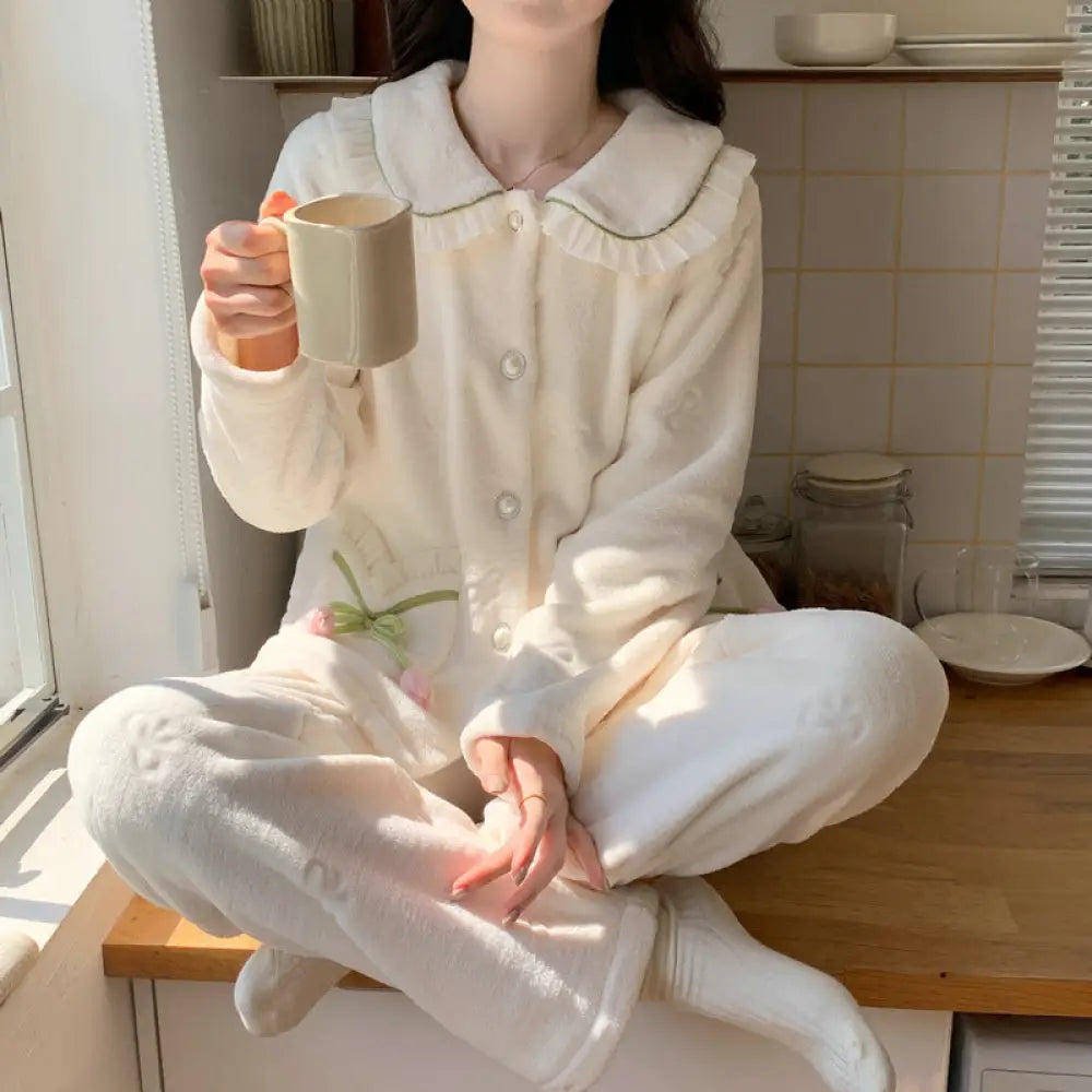 冬 新作 かわいい チューリップ 厚手 保温 サンゴフリース パジャマ レディース ルームウェア セットアップ ID2668