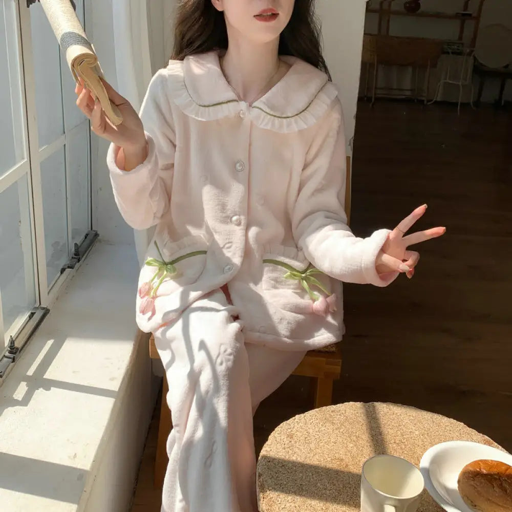 冬 新作 かわいい チューリップ 厚手 保温 サンゴフリース パジャマ レディース ルームウェア セットアップ ID2668 ピンク / M