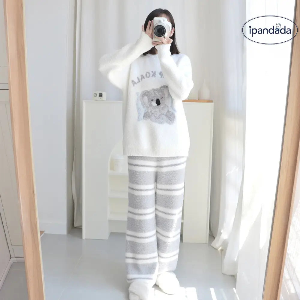 冬新作 コアラ ハーフフリース パジャマ レディース カジュアル ストライプ シンプル 裏起毛 冬用ルームウェア ID3627