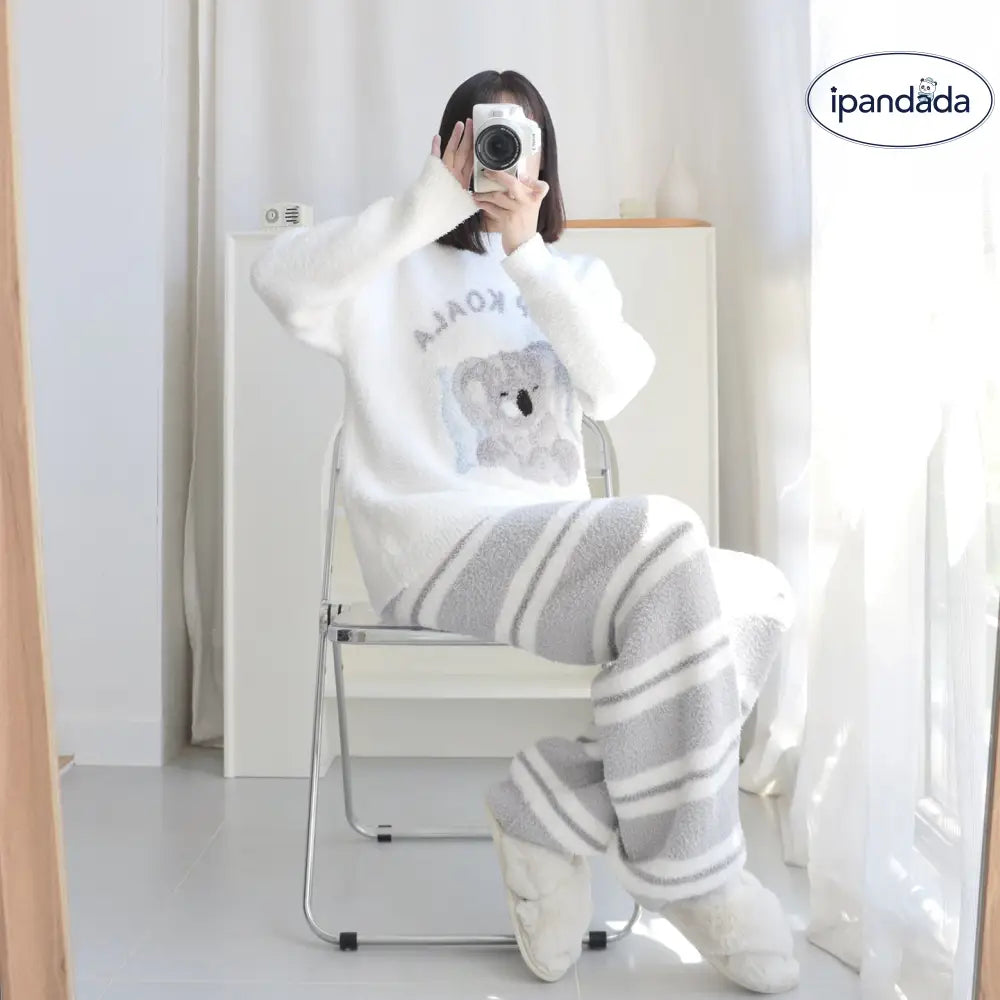 冬新作 コアラ ハーフフリース パジャマ レディース カジュアル ストライプ シンプル 裏起毛 冬用ルームウェア ID3627