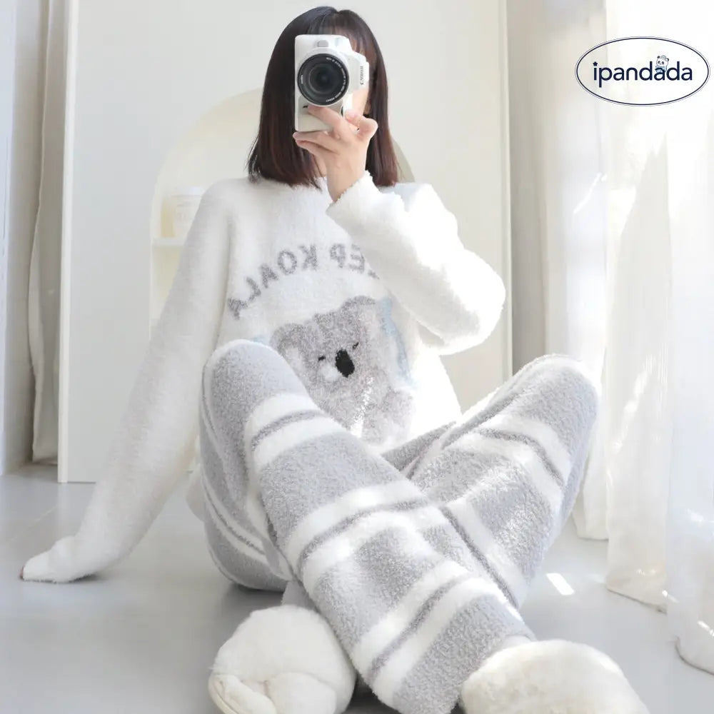 冬新作 コアラ ハーフフリース パジャマ レディース カジュアル ストライプ シンプル 裏起毛 冬用ルームウェア ID3627