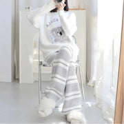 冬新作 コアラ ハーフフリース パジャマ レディース カジュアル ストライプ シンプル 裏起毛 冬用ルームウェア ID3627 写真通り / M