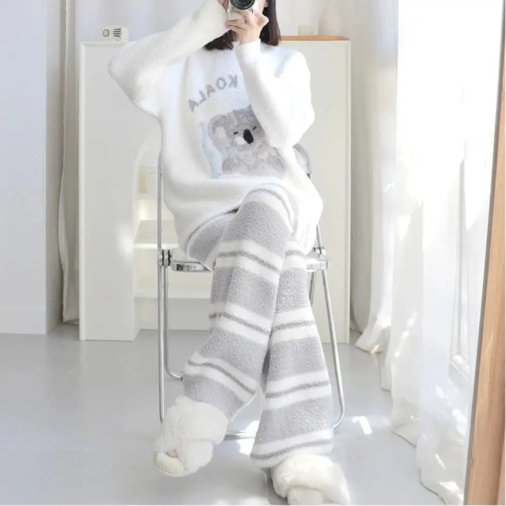 冬新作 コアラ ハーフフリース パジャマ レディース カジュアル ストライプ シンプル 裏起毛 冬用ルームウェア ID3627 写真通り / M