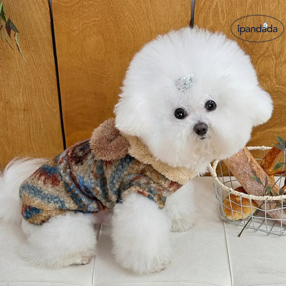 冬用 厚手 保温 ヘリンボーン フリース ペット用 犬 猫 バイカラー イヤー フード付き スウェットシャツ ID3360