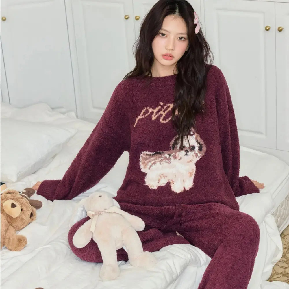 冬用 厚手 保温 かわいい シーズー 犬 フリース ルームウェア ラウンドネック セットアップ パジャマ ID2800 レッド / M