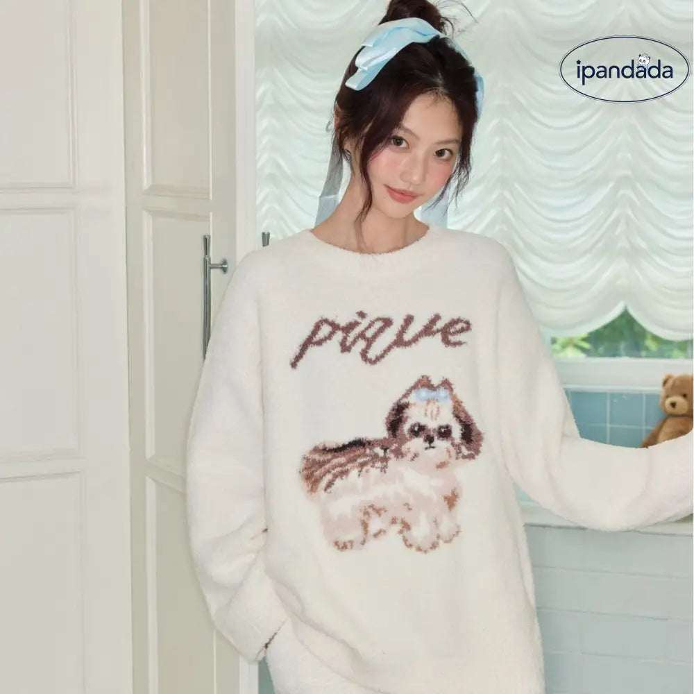 冬用 厚手 保温 かわいい シーズー 犬 フリース ルームウェア ラウンドネック セットアップ パジャマ ID2800