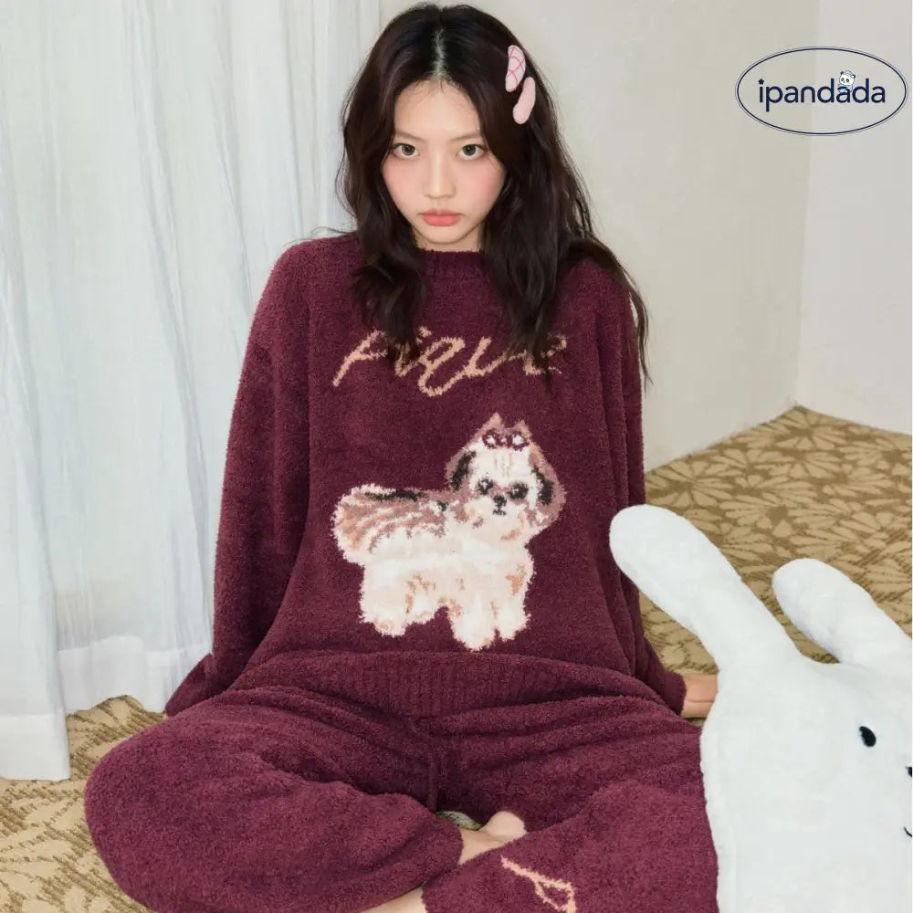 冬用 厚手 保温 かわいい シーズー 犬 フリース ルームウェア ラウンドネック セットアップ パジャマ ID2800