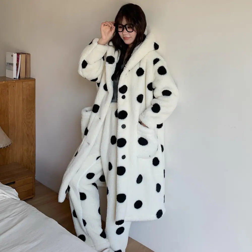 冬用 厚手 コーラルフリース ガウン セット 女性用 フード付き ロング 保温 パジャマ ルームウェア ID3264 タイプ② / フリー