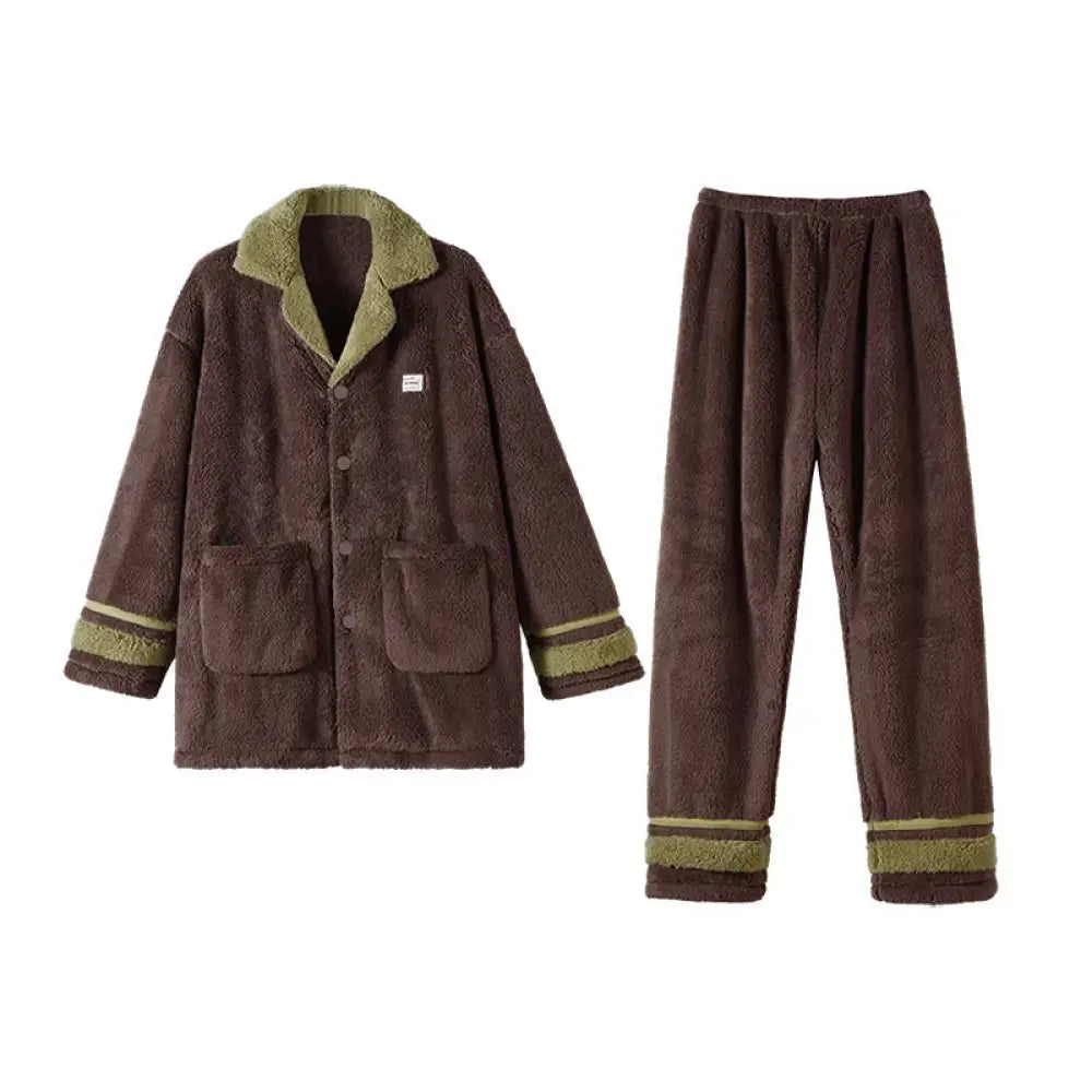 冬用 メンズ 保温 コットンフリース パジャマ 秋冬 カジュアル 襟付き 厚手 コーラルフリース ルームウェア ID3362 ブラウン / L