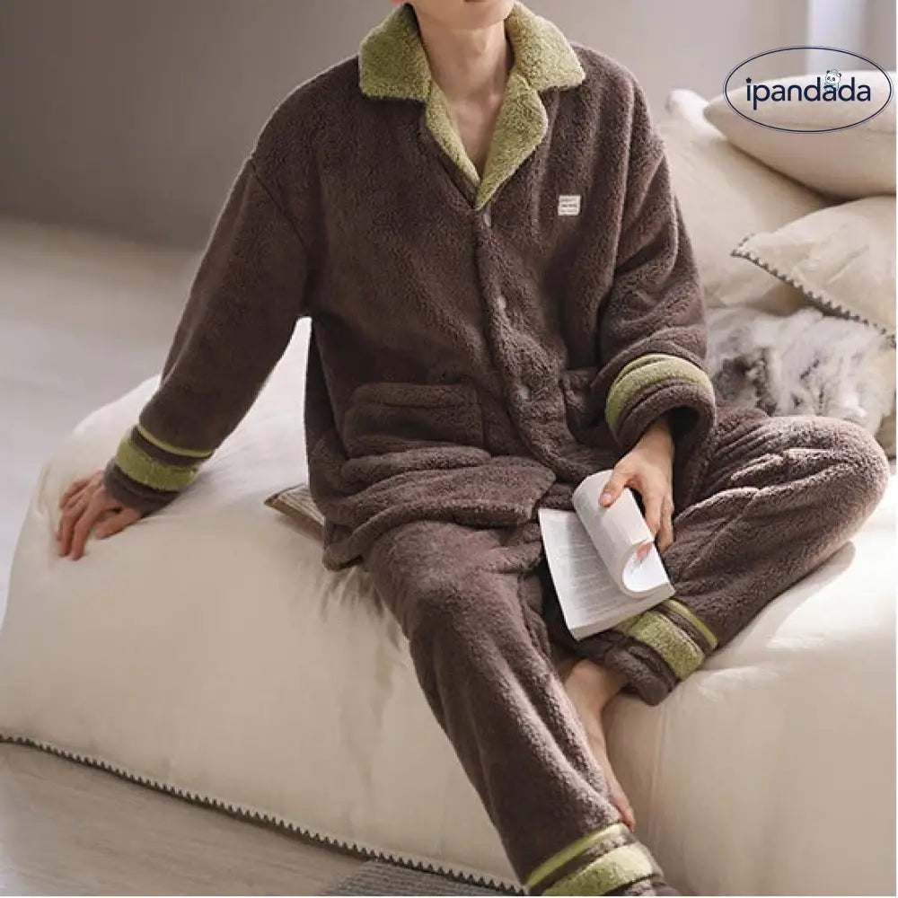 冬用 メンズ 保温 コットンフリース パジャマ 秋冬 カジュアル 襟付き 厚手 コーラルフリース ルームウェア ID3362