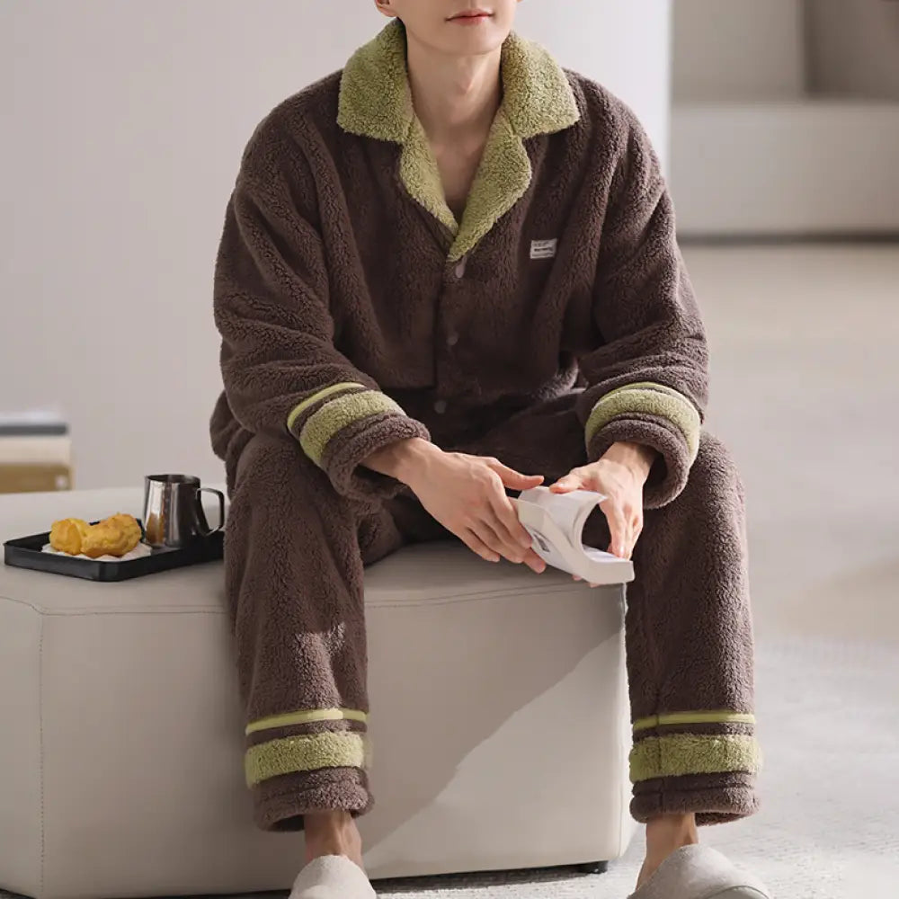 冬用 メンズ 保温 コットンフリース パジャマ 秋冬 カジュアル 襟付き 厚手 コーラルフリース ルームウェア ID3362