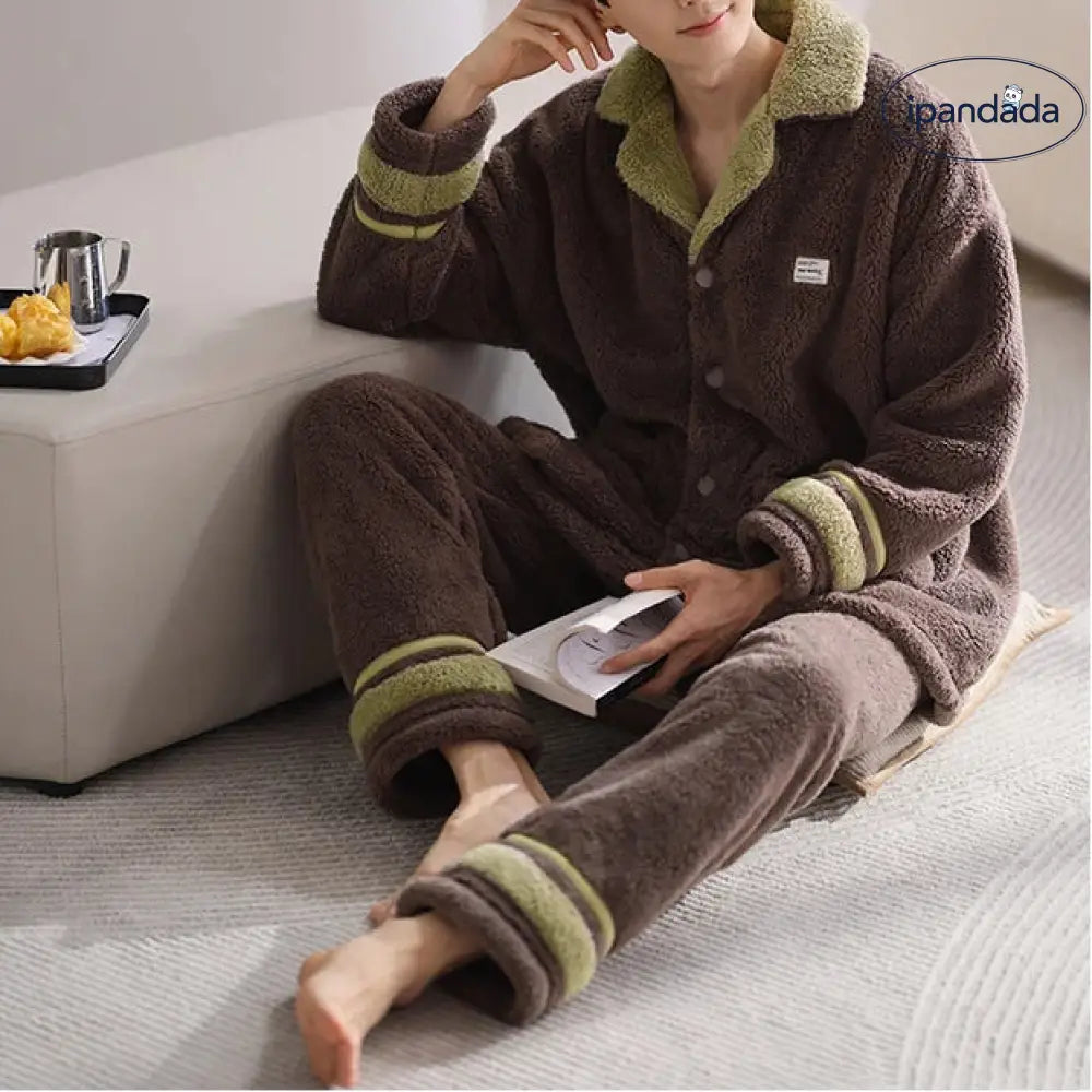 冬用 メンズ 保温 コットンフリース パジャマ 秋冬 カジュアル 襟付き 厚手 コーラルフリース ルームウェア ID3362