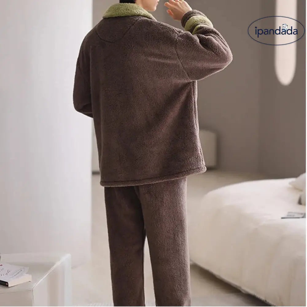冬用 メンズ 保温 コットンフリース パジャマ 秋冬 カジュアル 襟付き 厚手 コーラルフリース ルームウェア ID3362