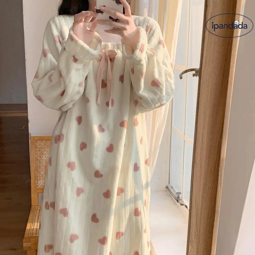 冬用 長袖 レース付き 厚手 裏起毛 パジャマ レディース かわいい ルームウェア ワンピース かわいい 可愛い 暖かい あったか 長袖 部屋着 クリスマスプレゼント ID3579 レディース＞ワンピース