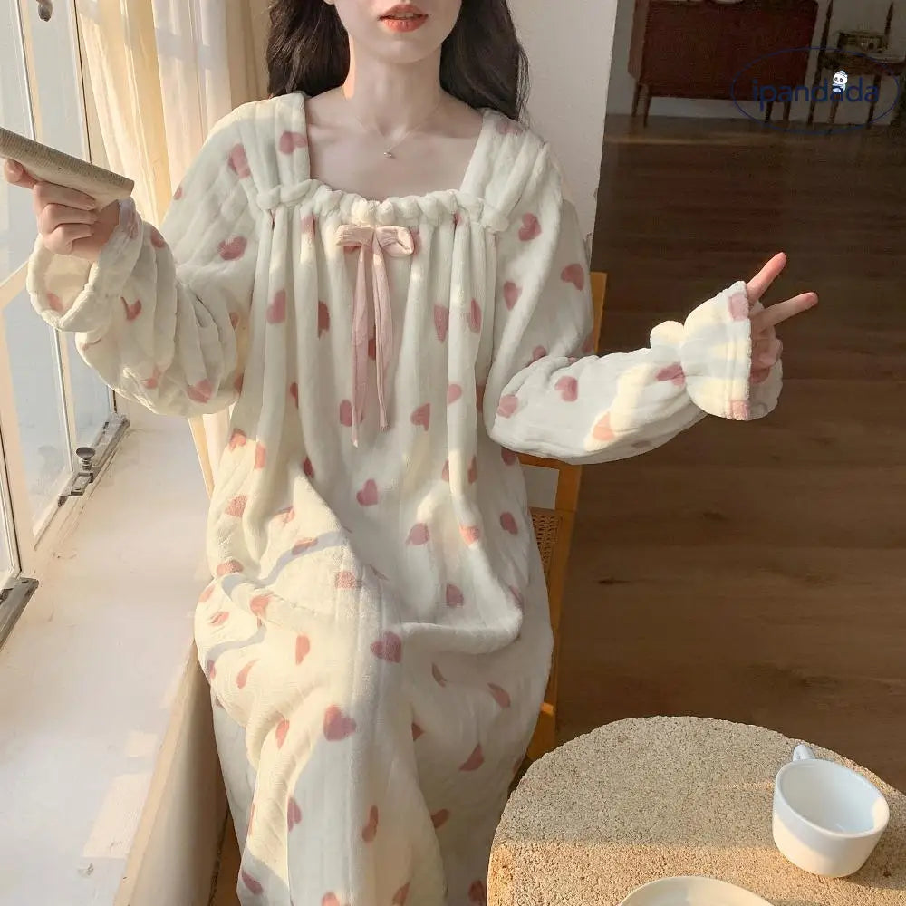 冬用 長袖 レース付き 厚手 裏起毛 パジャマ レディース かわいい ルームウェア ワンピース かわいい 可愛い 暖かい あったか 長袖 部屋着 クリスマスプレゼント ID3579 レディース＞ワンピース