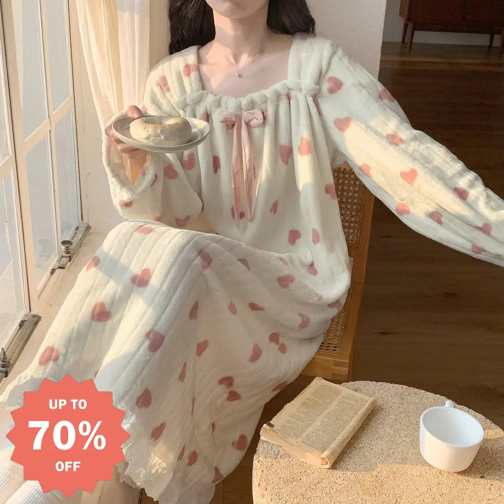 冬用 長袖 レース付き 厚手 裏起毛 パジャマ レディース かわいい ルームウェア ワンピース かわいい 可愛い 暖かい あったか 長袖 部屋着 クリスマスプレゼント ID3579 レディース＞ワンピース