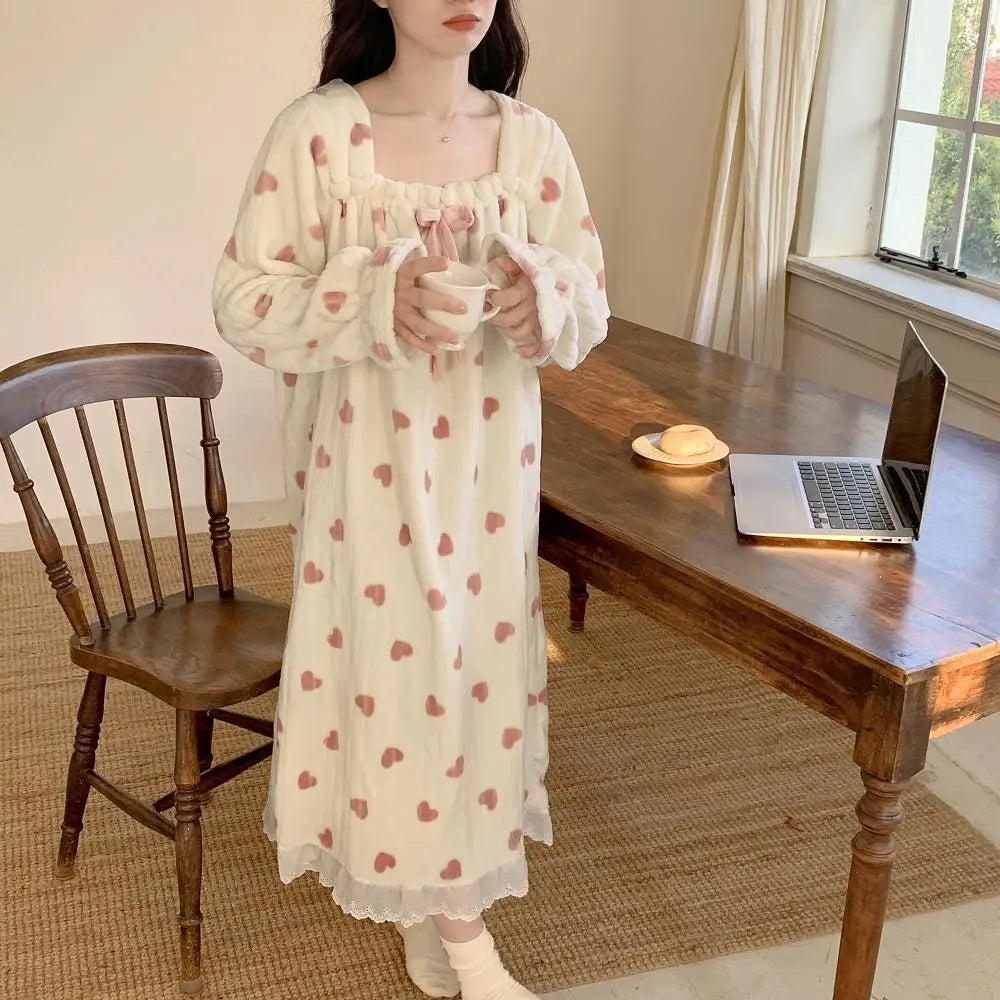 冬用 長袖 レース付き 厚手 裏起毛 パジャマ レディース かわいい ルームウェア ワンピース かわいい 可愛い 暖かい あったか 長袖 部屋着 クリスマスプレゼント ID3579 写真通り / M レディース＞ワンピース