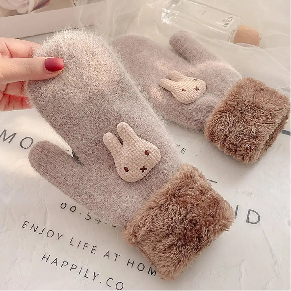 冬の手袋 女性用 加工フリース さらに厚手 ウサギ毛 フィラメント 風防 寒さ対策 韓国風 可愛い カートゥーン 棉包指 連指 保温 ID2818 ブラウン / フリー