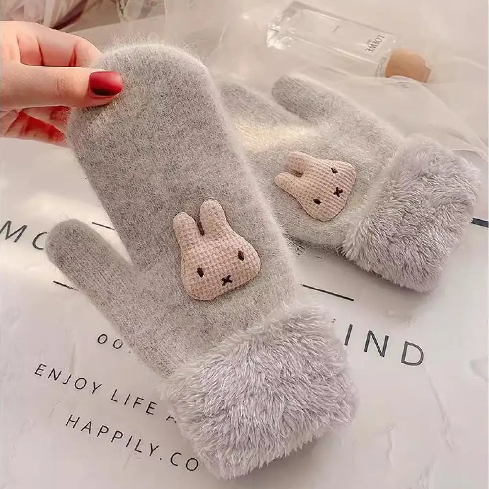 冬の手袋 女性用 加工フリース さらに厚手 ウサギ毛 フィラメント 風防 寒さ対策 韓国風 可愛い カートゥーン 棉包指 連指 保温 ID2818 グレー / フリー